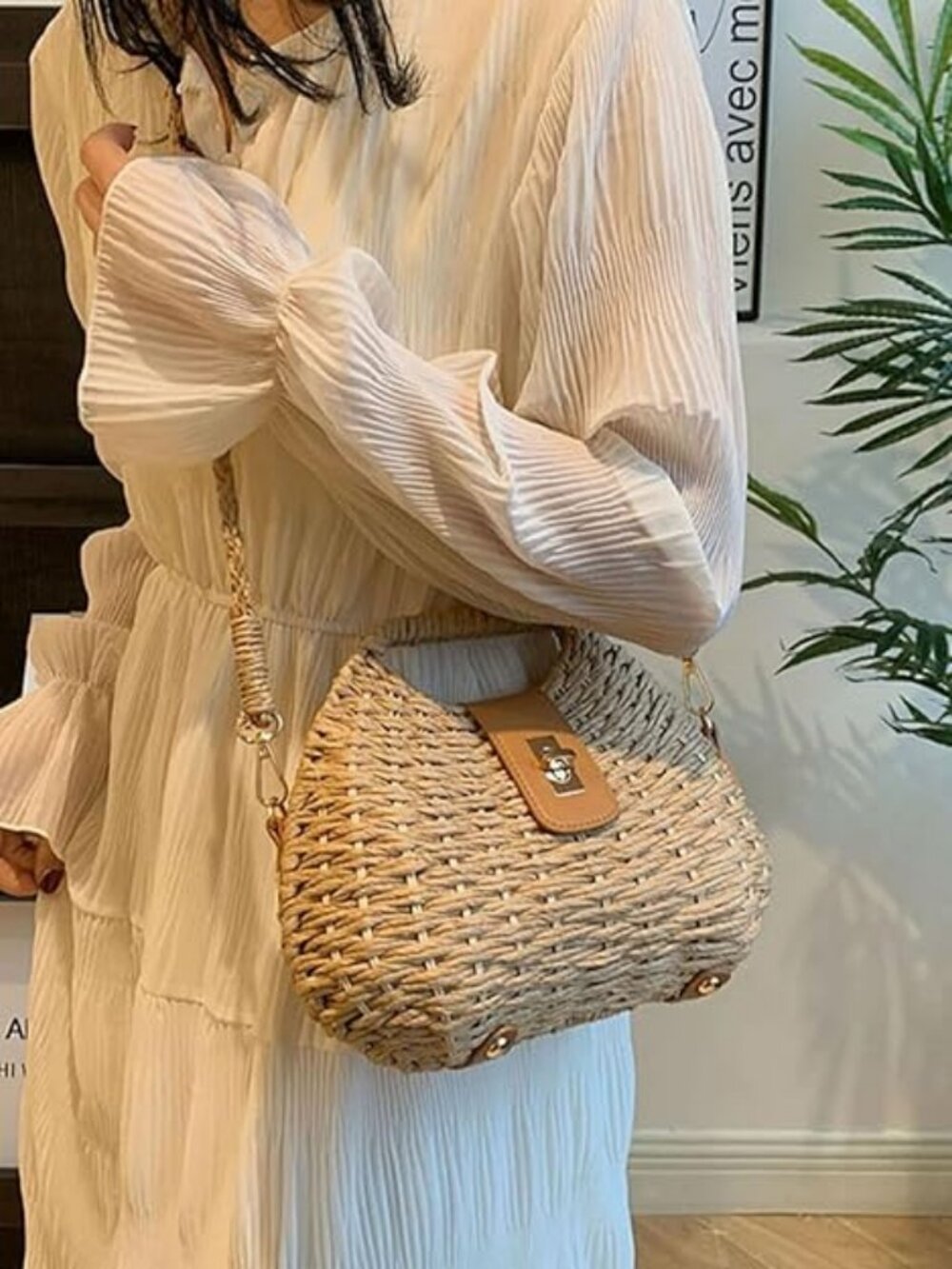 Neiman Marcus Khaki Beach Straw Woven Bag